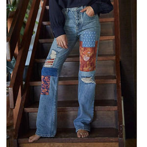 Free People Blue Patchwork Boot Cut Jeans